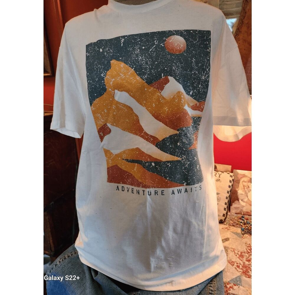 E54 BaeVely Distressed  Tee Orange & Green Mountain Scene "Adventure Awaits" SzM